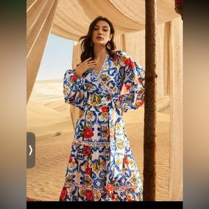 Floral Print Tape Detail Wrap Belted Blouse and Floral skirt set